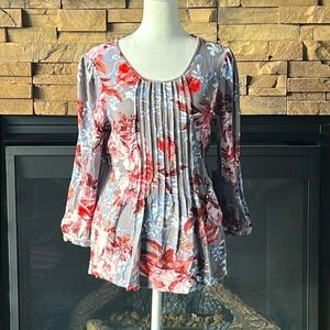 NWOT Daniel Rainn Stitch Fix Branwen Pleated Knit Top Floral 3/4 Sleeve XS